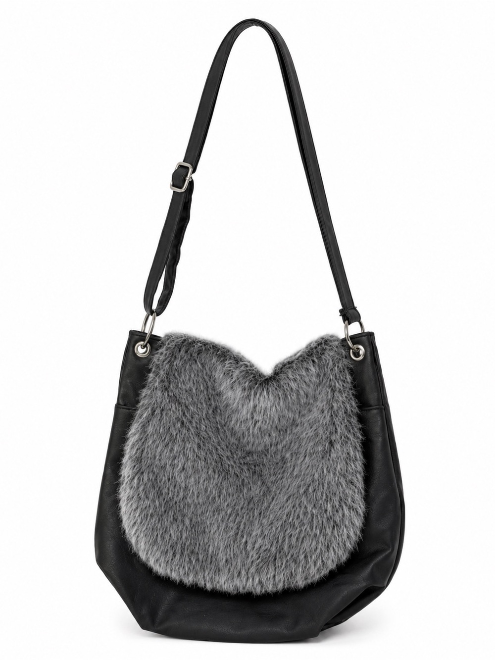 Vintage Faux Leather & Faux Fur Hobo Bag Black Crossbody Slouchy Y2K